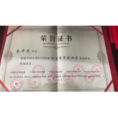 朱中杰同志 2016年度優(yōu)秀青年企業(yè)家